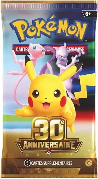 Paquet de cartes Pokémon aux couleurs du 30e anniversaire, avec Pikachu, Mew et Mewtwo.